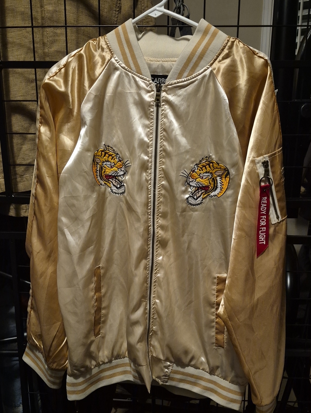 Carbon Gold and Cream Satin Bomber Jacket with Embroidered Tigers